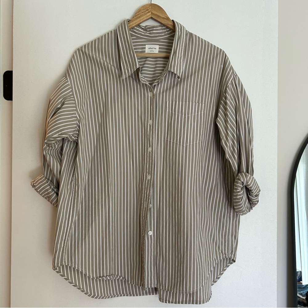 Aritzia Striped Button-Down Shirt in Taupe and White